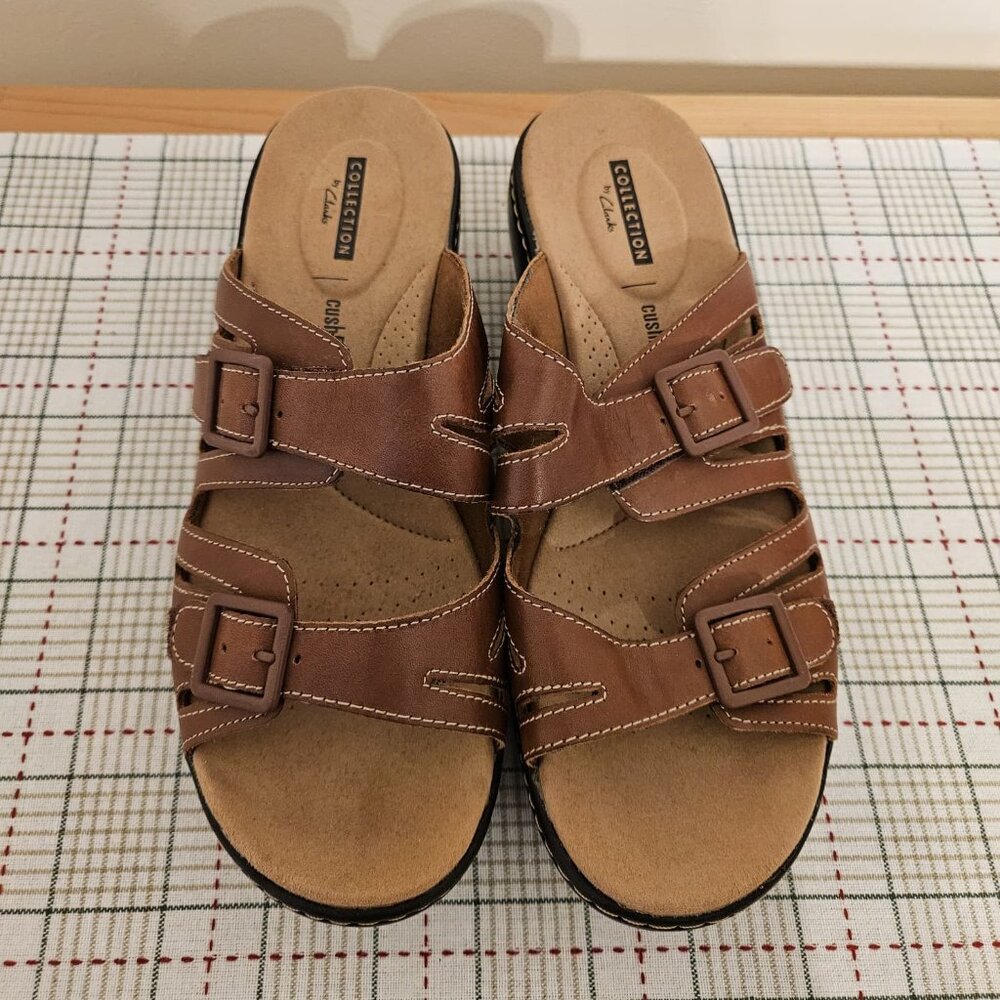 NW Clarks Delana Liri Strap Adjustable Platform Wedge Slide Sandal Tan Leather 9
